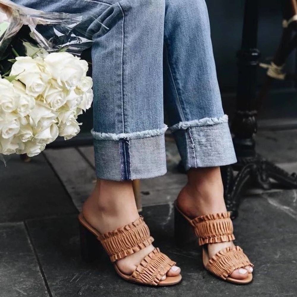 Ann Taylor Tan Ruffle Leather Block Heel Sandals